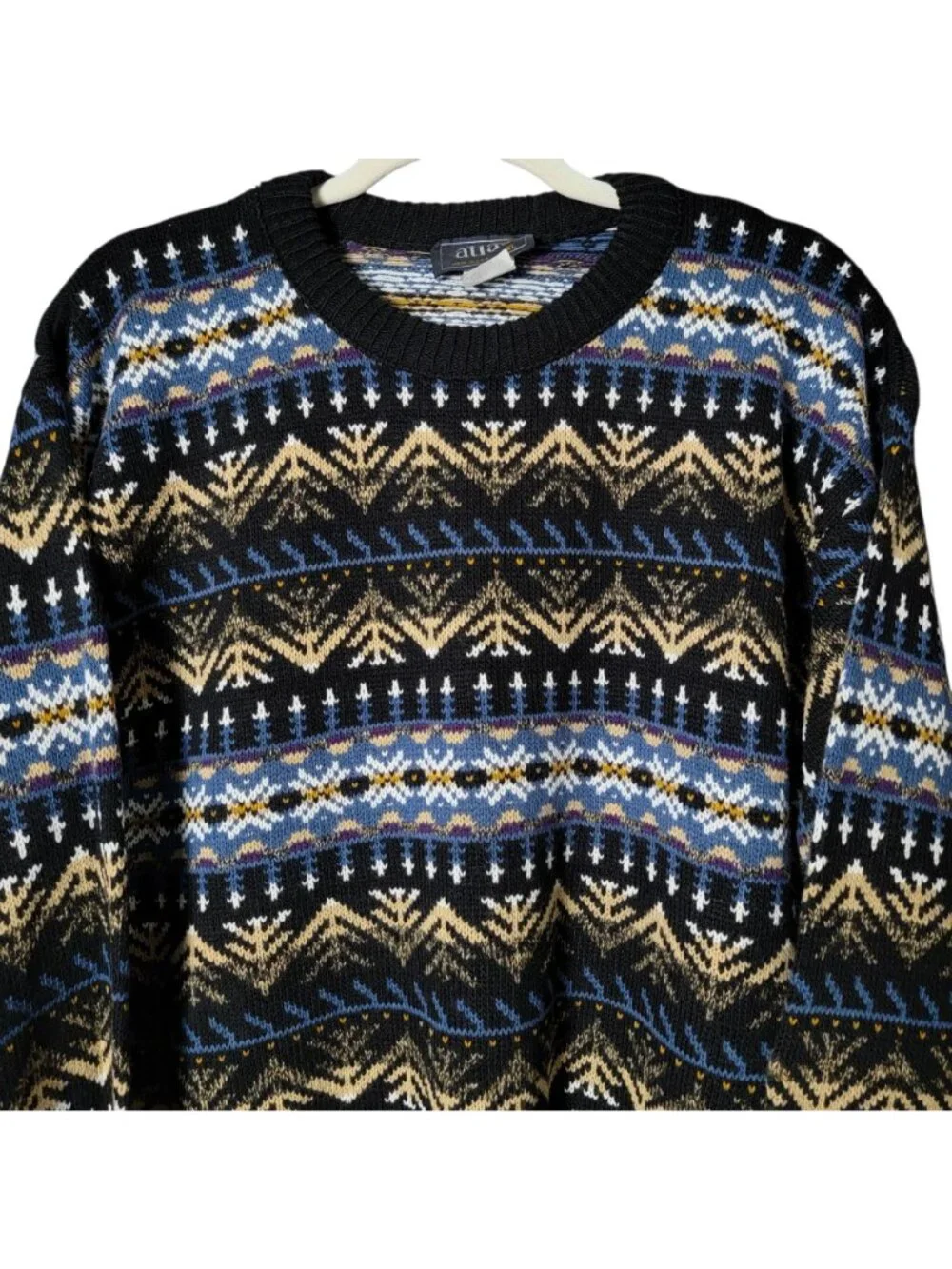 VTG Atlas Mens Blue Geometric Nordic Fair Isle Knit Crewneck Pullover Sweater XL